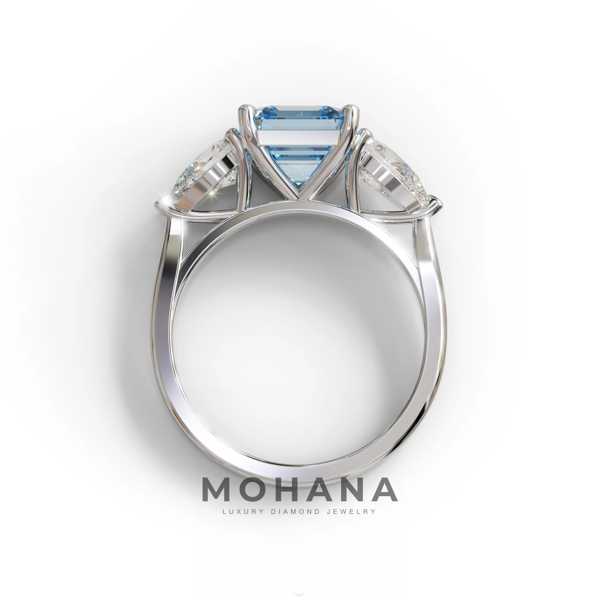 4 Carat Fancy Blue Asscher Cut Three Stone Lab Grown Diamond Engagement Ring