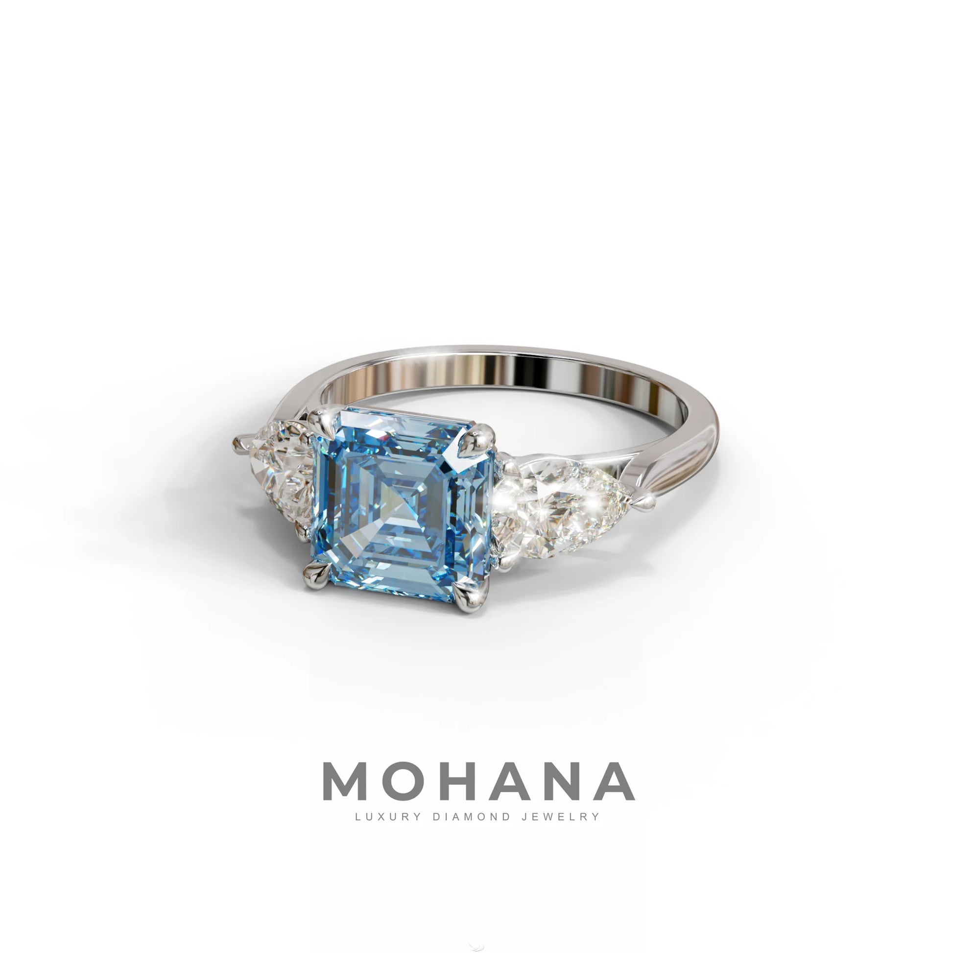 4 Carat Fancy Blue Asscher Cut Three Stone Lab Grown Diamond Engagement Ring