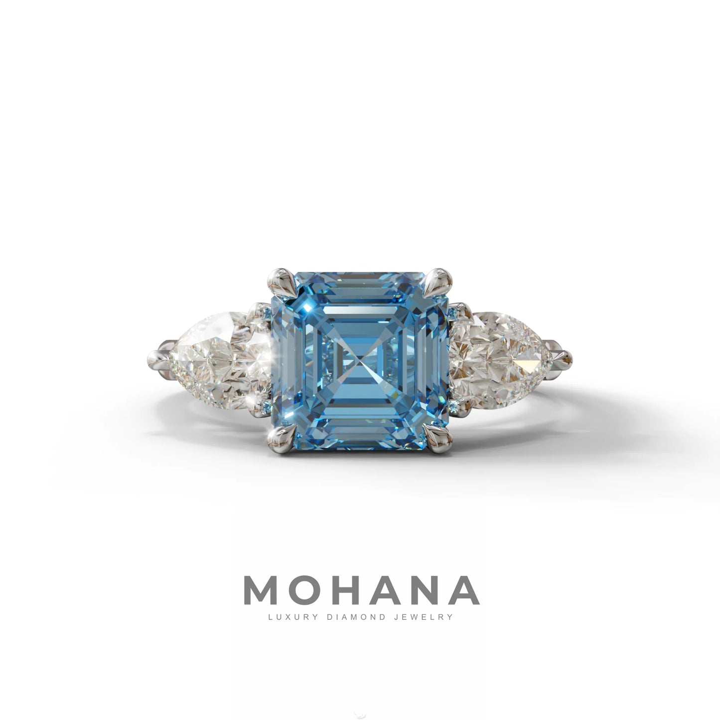 4 Carat Fancy Blue Asscher Cut Three Stone Lab Grown Diamond Engagement Ring - 10K Solid Gold / White Gold