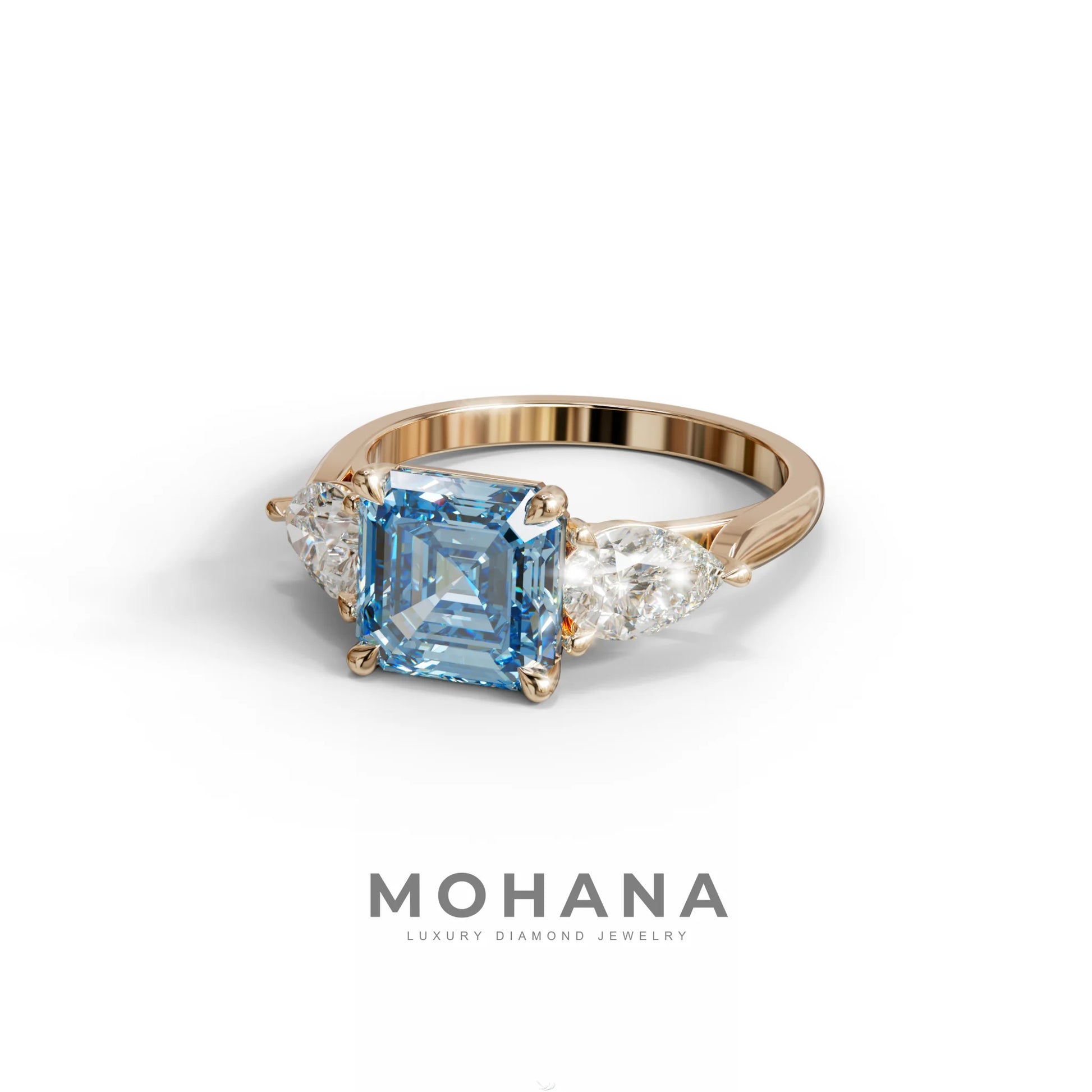 4 Carat Fancy Blue Asscher Cut Three Stone Lab Grown Diamond Engagement Ring