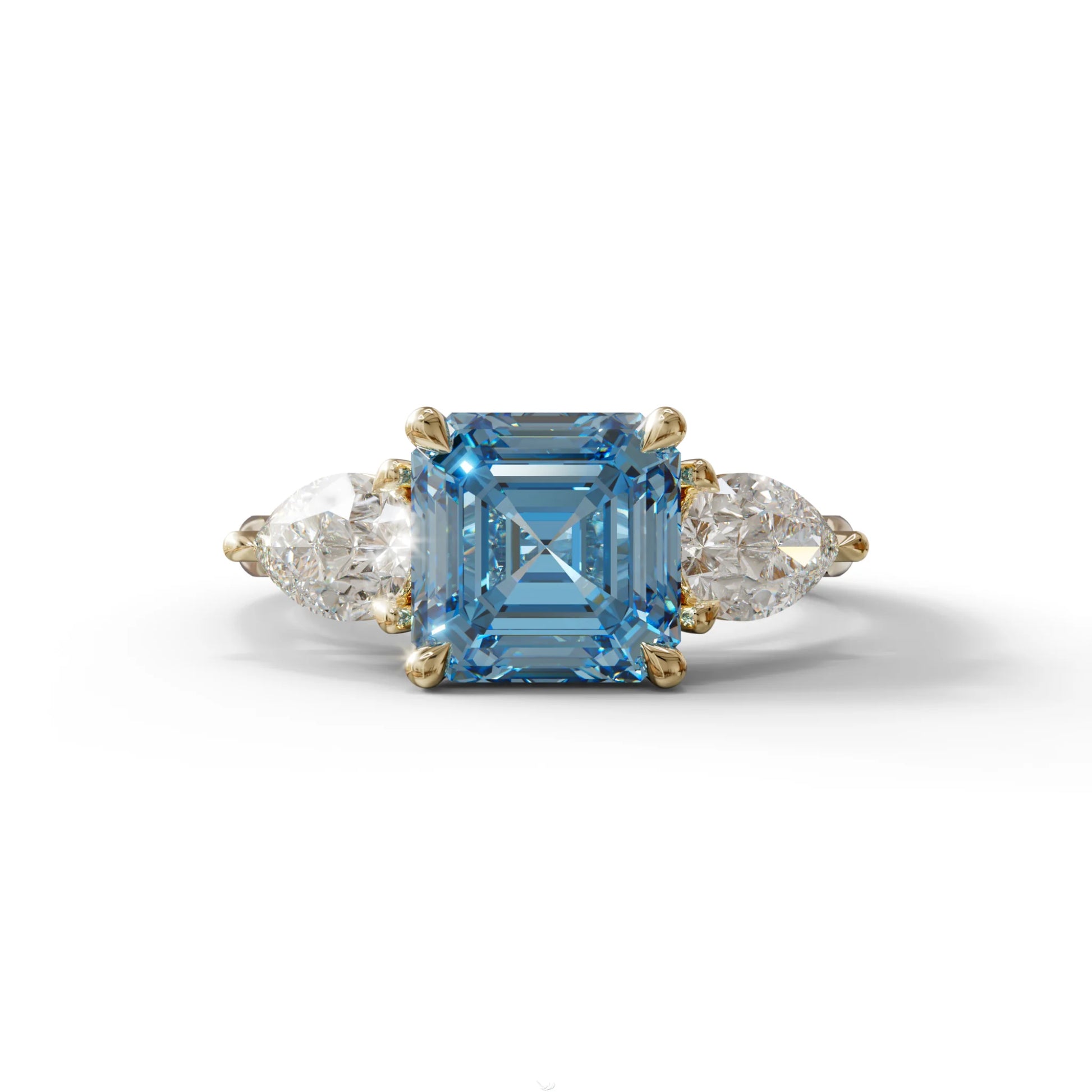4 Carat Fancy Blue Asscher Cut Three Stone Lab Grown Diamond Engagement Ring - 10K Solid Gold / Yellow Gold