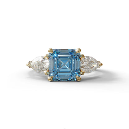 4 Carat Fancy Blue Asscher Cut Three Stone Lab Grown Diamond Engagement Ring - 10K Solid Gold / Yellow Gold