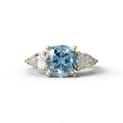 3 Ct Blue Cushion Cut Lab Diamond In 3 Stones Claw Prongs Setting Ring - 10K Solid Gold / Yellow Gold
