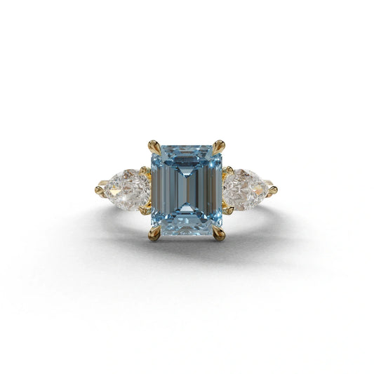 4 Carat Fancy Blue Emerald & Pear Cut Three Stone Lab Grown Diamond Engagement Ring - 10K Solid Gold / Yellow Gold