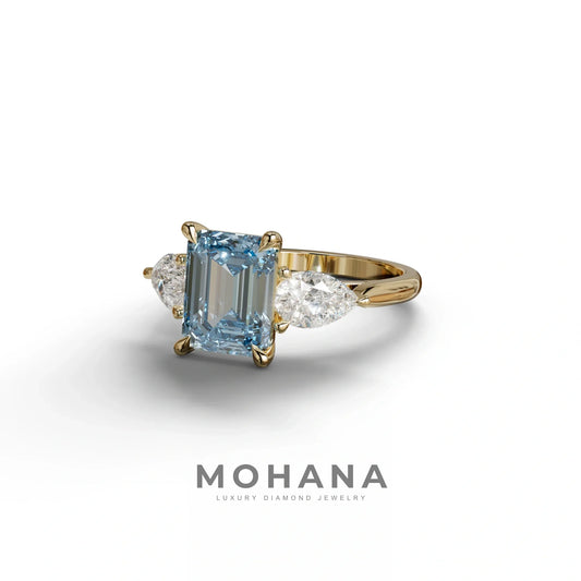 4 Carat Fancy Blue Emerald & Pear Cut Three Stone Lab Grown Diamond Engagement Ring