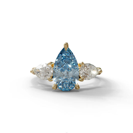 3 Carat Blue Pear Cut Lab Diamond In 3 Stones Claw Prongs Setting Ring - 10K Solid Gold / Yellow Gold