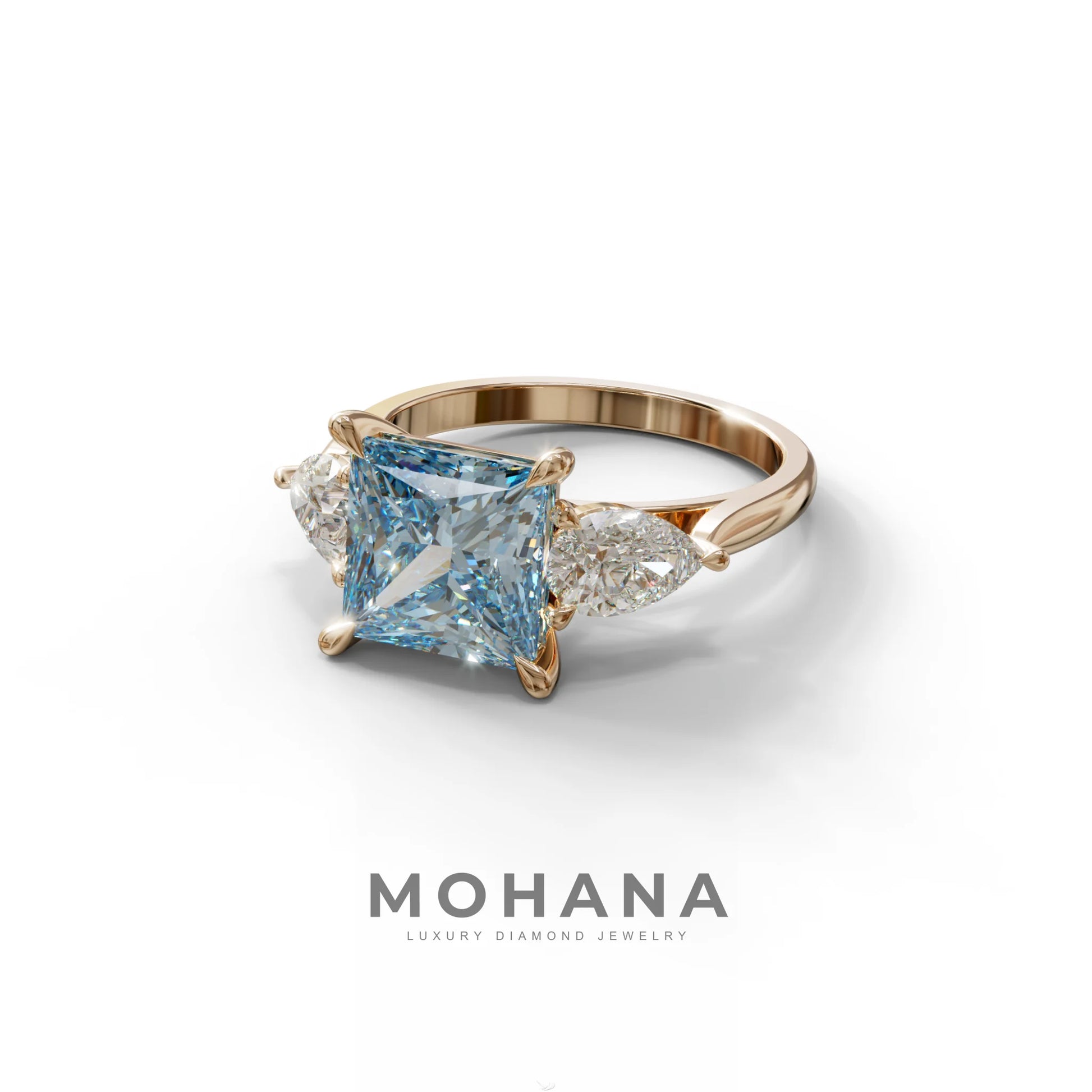 4 Carat Fancy Blue Princess Cut Three Stone Lab Grown Diamond Engagement Ring