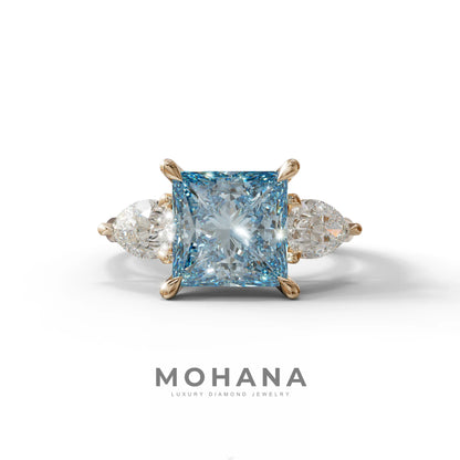 4 Carat Fancy Blue Princess Cut Three Stone Lab Grown Diamond Engagement Ring - 10K Solid Gold / Rose Gold