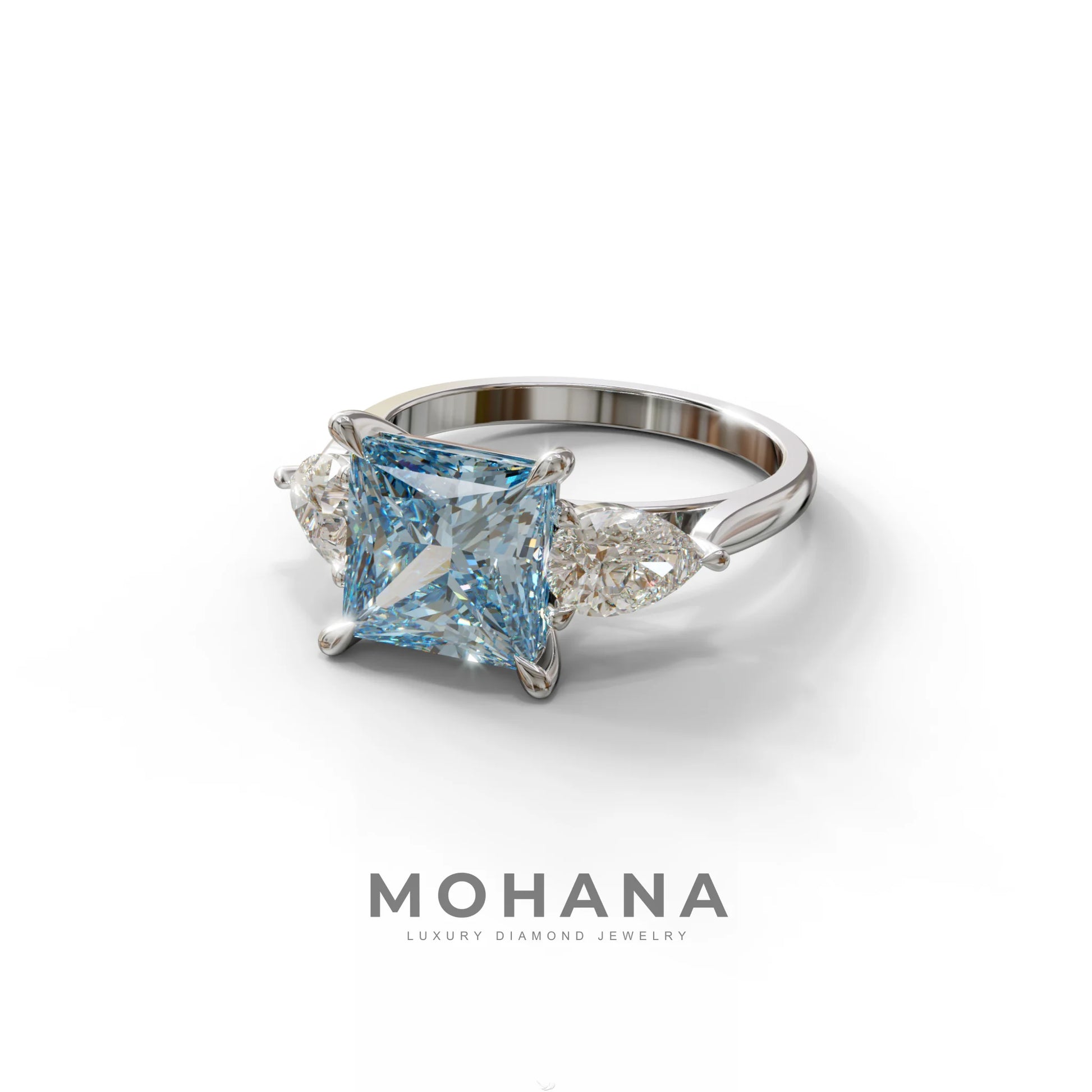 4 Carat Fancy Blue Princess Cut Three Stone Lab Grown Diamond Engagement Ring