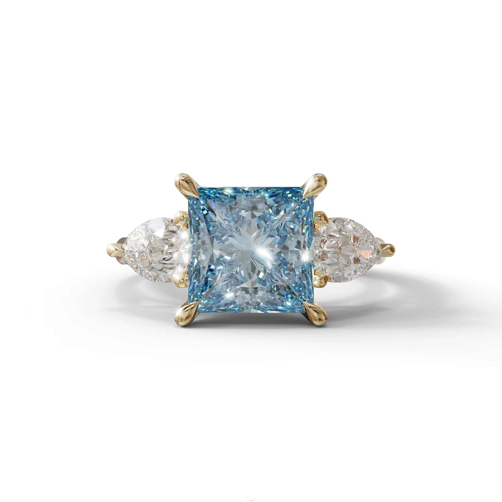 4 Carat Fancy Blue Princess Cut Three Stone Lab Grown Diamond Engagement Ring - 10K Solid Gold / Yellow Gold