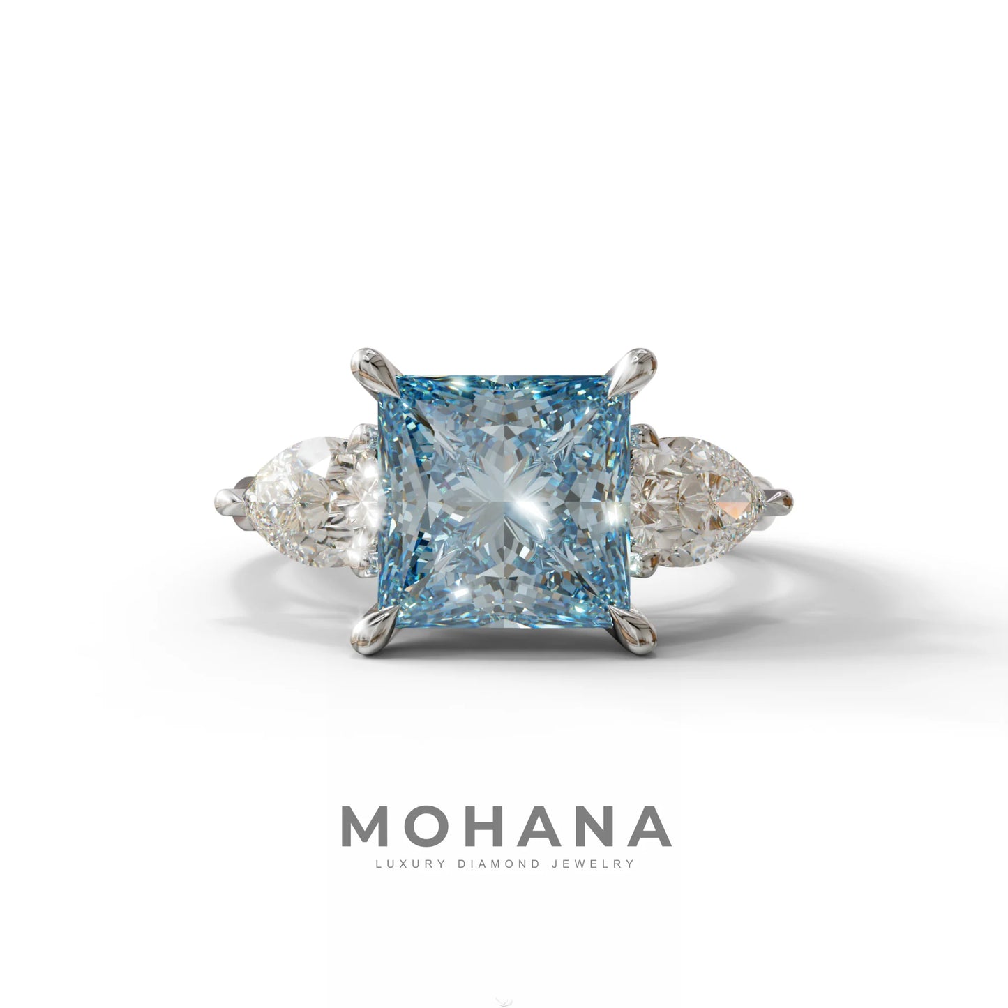 4 Carat Fancy Blue Princess Cut Three Stone Lab Grown Diamond Engagement Ring - 10K Solid Gold / White Gold