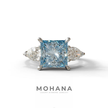 4 Carat Fancy Blue Princess Cut Three Stone Lab Grown Diamond Engagement Ring - 10K Solid Gold / White Gold