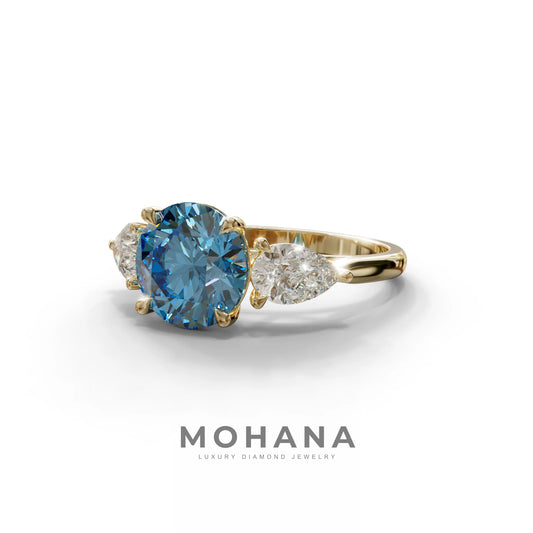 5 Carat Blue Round & Pear Cut Three Stone Lab Diamond Ring - Luminous