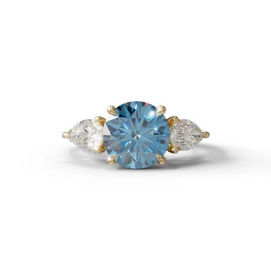 5 Carat Blue Round & Pear Cut Three Stone Lab Diamond Ring - Luminous - 10K Solid Gold / Yellow Gold