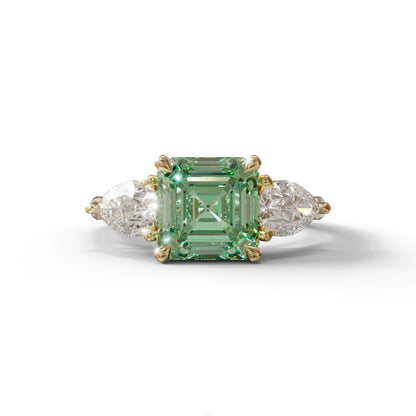 3 Carat Green Asscher Cut Lab Diamond In 3 Stones Claw Prongs Setting Ring - 10K Solid Gold / Yellow Gold