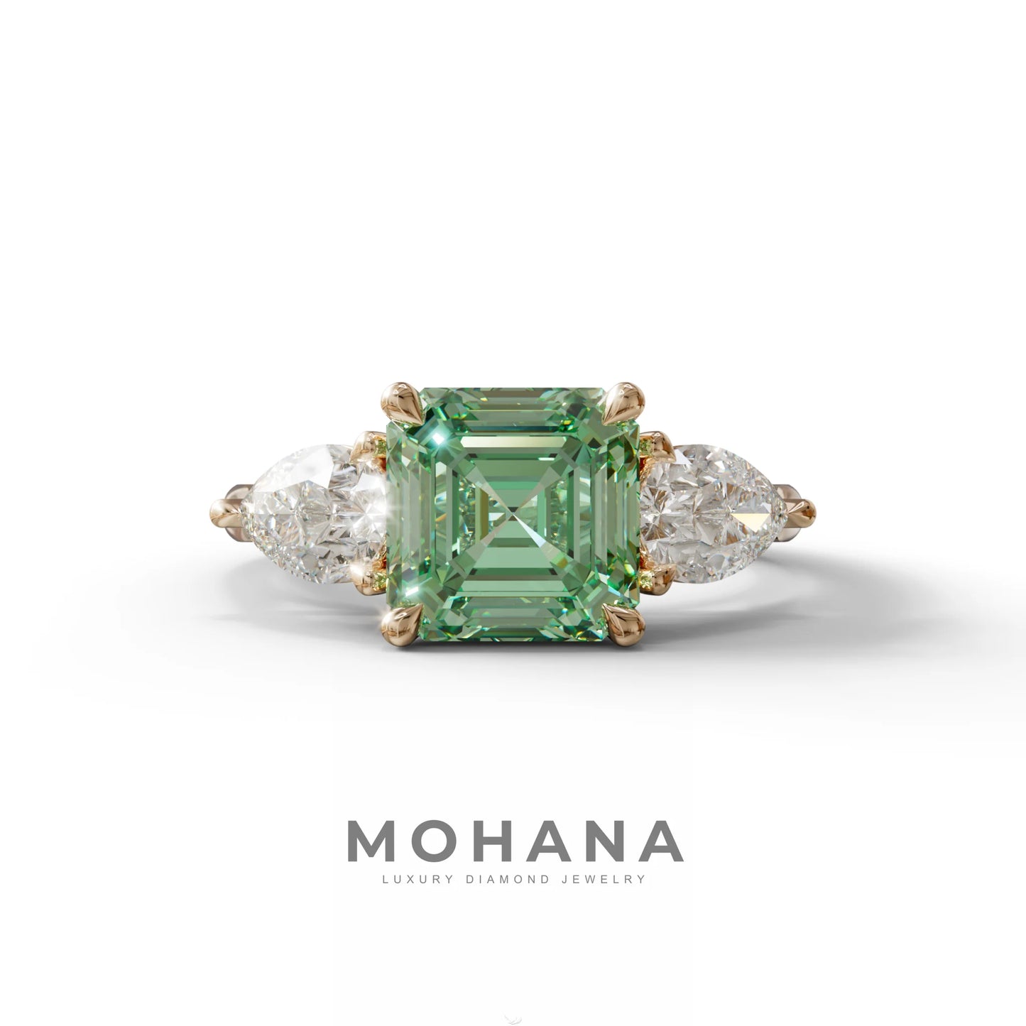 3 Carat Green Asscher Cut Lab Diamond In 3 Stones Claw Prongs Setting Ring - 10K Solid Gold / Rose Gold