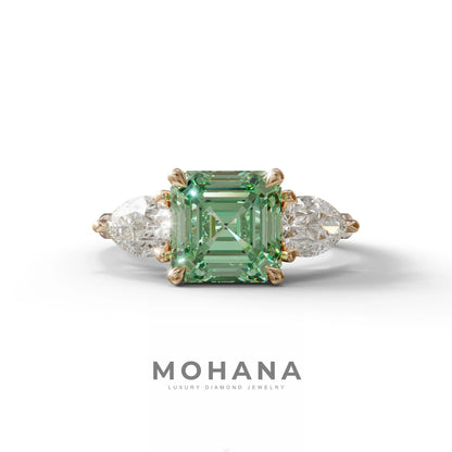 3 Carat Green Asscher Cut Lab Diamond In 3 Stones Claw Prongs Setting Ring - 10K Solid Gold / Rose Gold