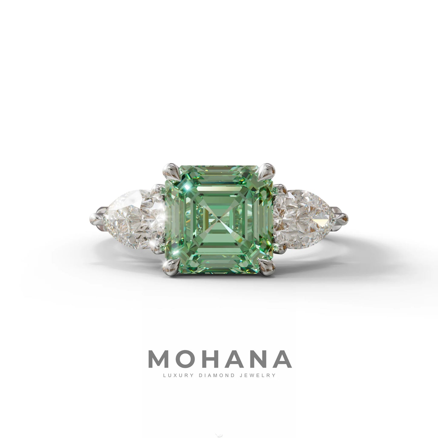 3 Carat Green Asscher Cut Lab Diamond In 3 Stones Claw Prongs Setting Ring - 10K Solid Gold / White Gold