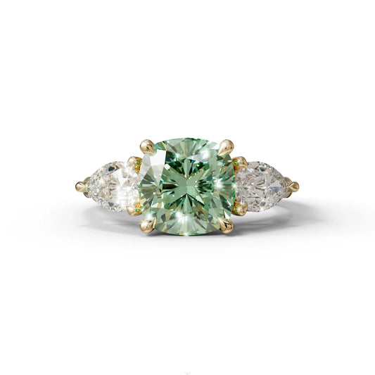 3 Ct Green Cushion Cut Lab Diamond In 3 Stones Claw Prongs Setting Ring - 10K Solid Gold / Yellow Gold