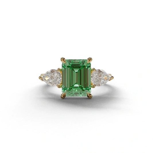 3 Carat Green Emerald Cut Lab Diamond In 3 Stones Claw Prongs Setting Ring - 10K Solid Gold / Yellow Gold