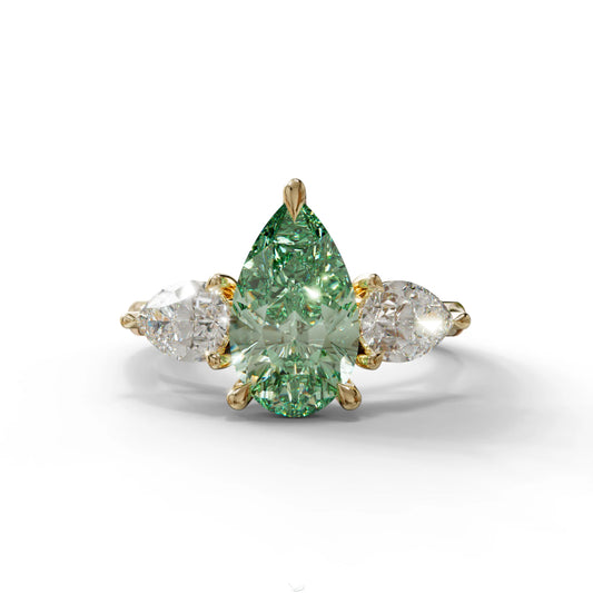 4 Carat Fancy Green Pear Cut Three Stone Lab Grown Diamond Engagement Ring - 10K Solid Gold / Yellow Gold