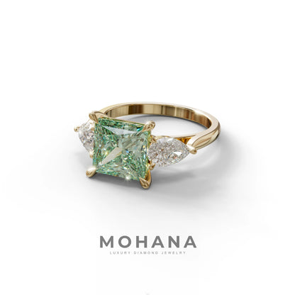 3 Carat Green Princess Cut Lab Diamond In 3 Stones Claw Prongs Setting Ring