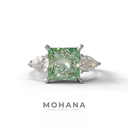 3 Carat Green Princess Cut Lab Diamond In 3 Stones Claw Prongs Setting Ring - 10K Solid Gold / White Gold