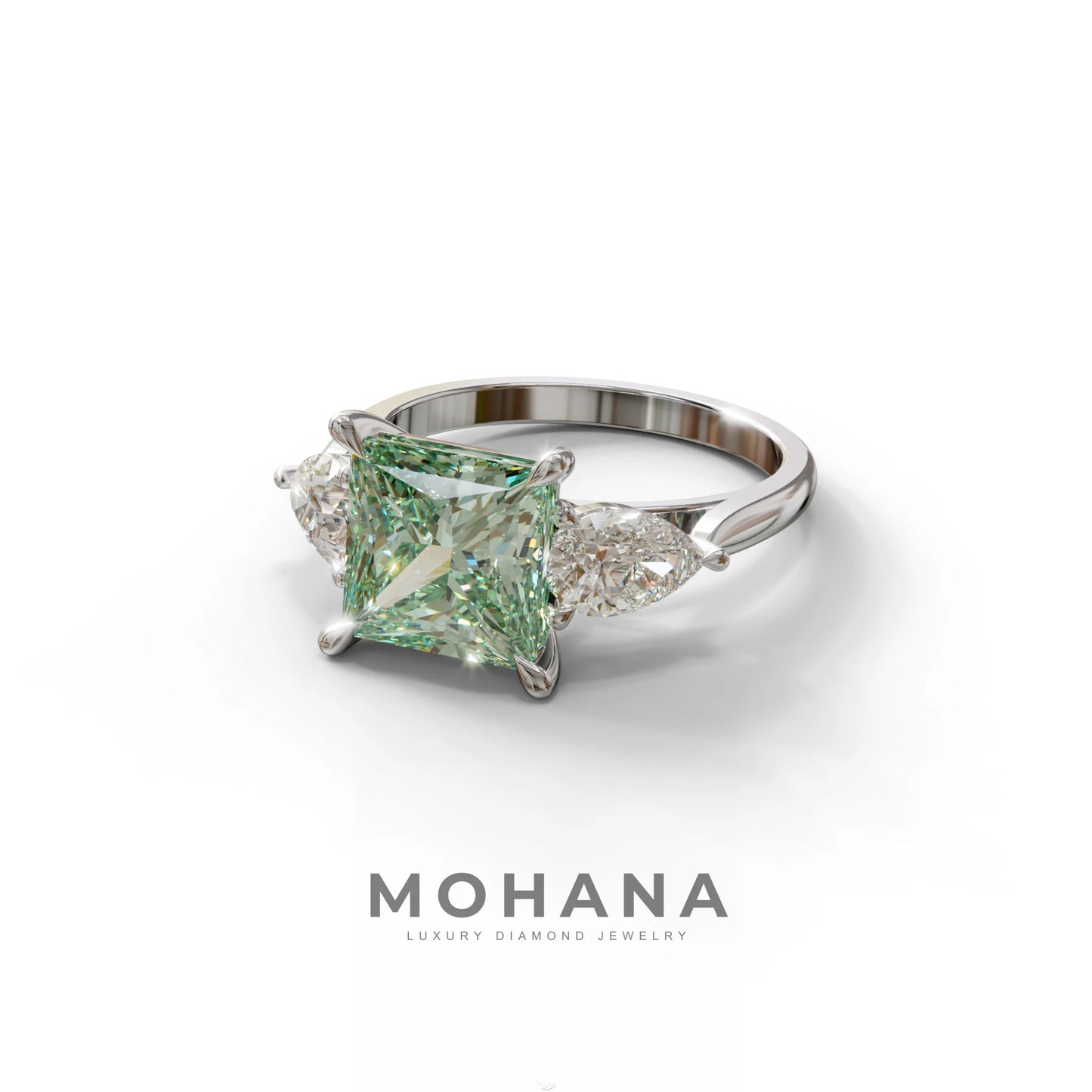 3 Carat Green Princess Cut Lab Diamond In 3 Stones Claw Prongs Setting Ring