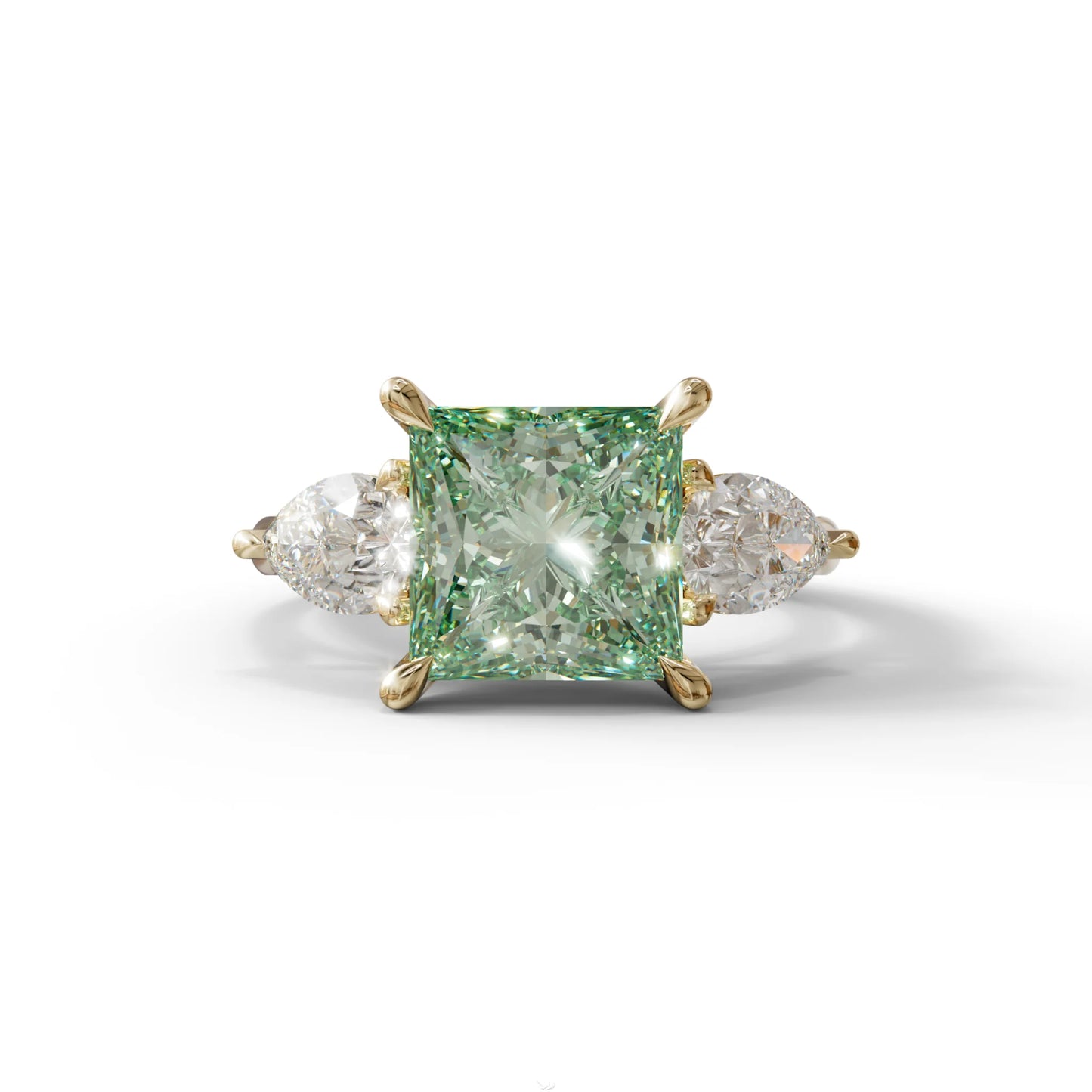 3 Carat Green Princess Cut Lab Diamond In 3 Stones Claw Prongs Setting Ring - 10K Solid Gold / Yellow Gold