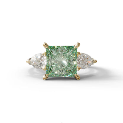 3 Carat Green Princess Cut Lab Diamond In 3 Stones Claw Prongs Setting Ring - 10K Solid Gold / Yellow Gold
