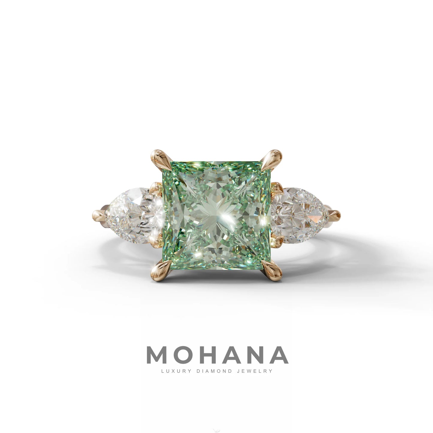 3 Carat Green Princess Cut Lab Diamond In 3 Stones Claw Prongs Setting Ring - 10K Solid Gold / Rose Gold