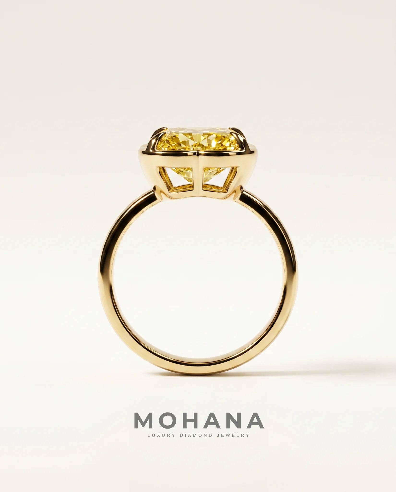 Ready to Ship 4 Carat Fancy Intense Yellow Heart Cut Bezel Solitaire Yellow Gold Diamond Ring — view 3