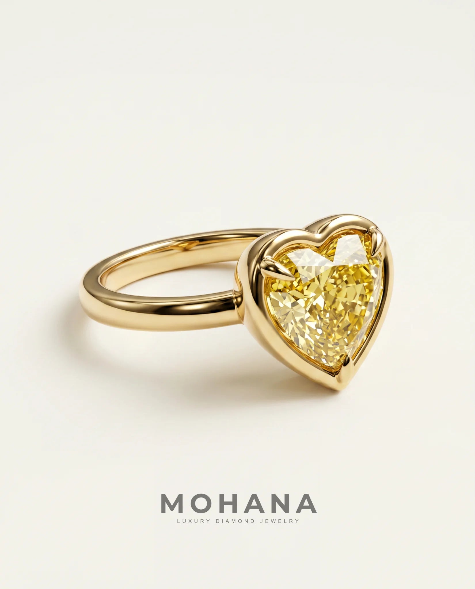 Ready to Ship 4 Carat Fancy Intense Yellow Heart Cut Bezel Solitaire Yellow Gold Diamond Ring — view 1