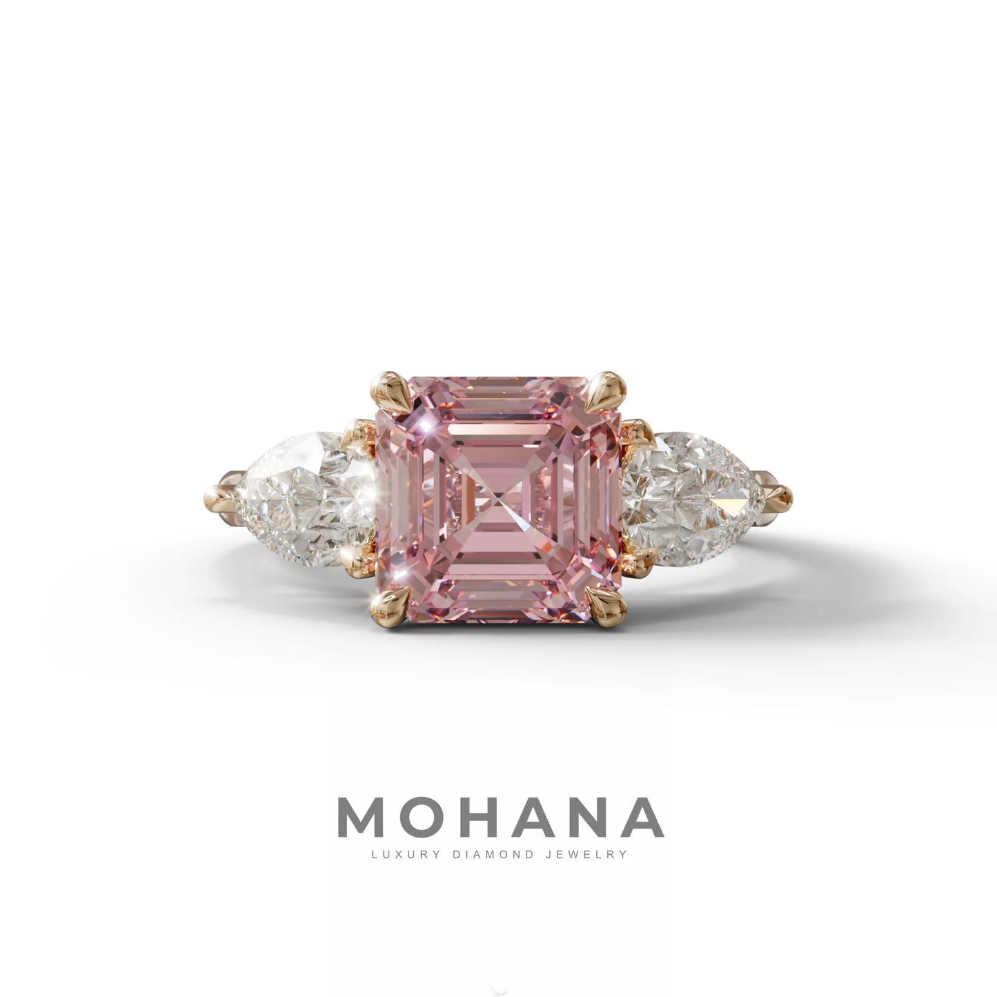 3 Carat Pink Asscher Cut Lab Diamond In 3 Stones Claw Prongs Setting Ring - 10K Solid Gold / Rose Gold