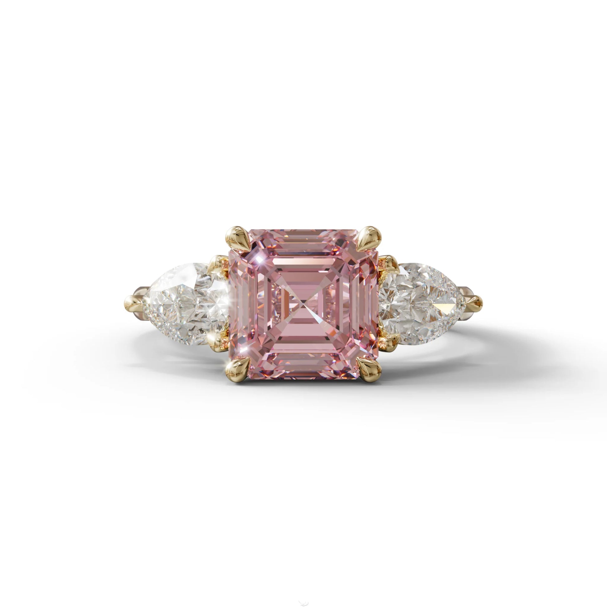 3 Carat Pink Asscher Cut Lab Diamond In 3 Stones Claw Prongs Setting Ring - 10K Solid Gold / Yellow Gold