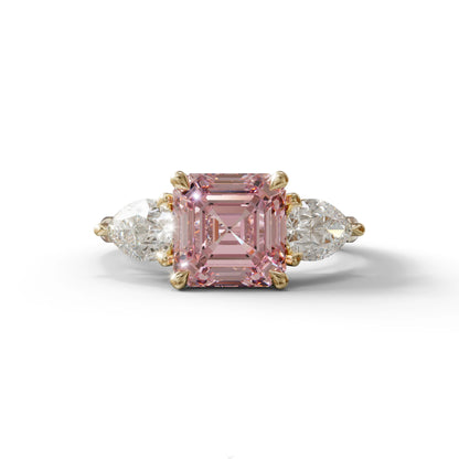 3 Carat Pink Asscher Cut Lab Diamond In 3 Stones Claw Prongs Setting Ring - 10K Solid Gold / Yellow Gold