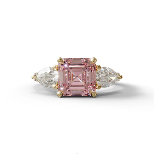3 Carat Pink Asscher Cut Lab Diamond In 3 Stones Claw Prongs Setting Ring - 10K Solid Gold / Yellow Gold