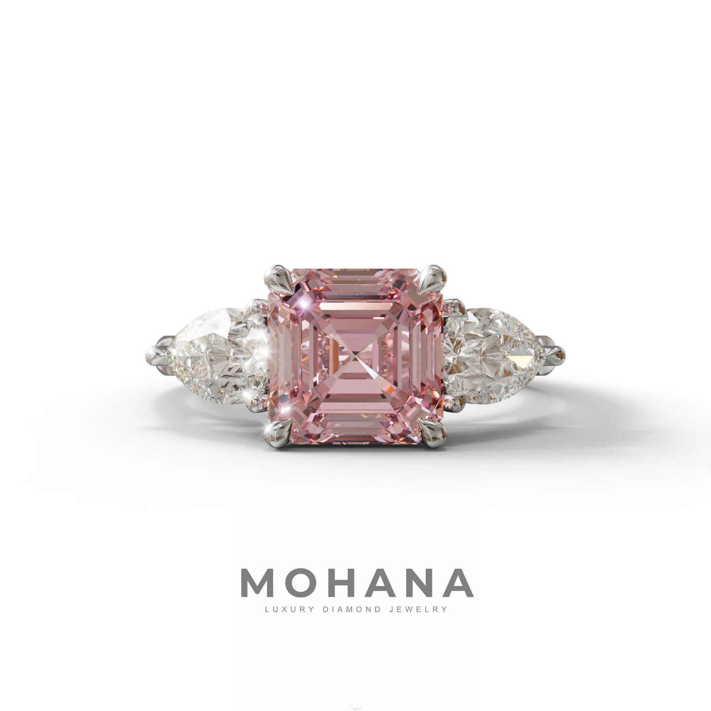 3 Carat Pink Asscher Cut Lab Diamond In 3 Stones Claw Prongs Setting Ring - 10K Solid Gold / White Gold