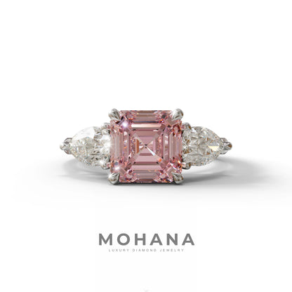 3 Carat Pink Asscher Cut Lab Diamond In 3 Stones Claw Prongs Setting Ring - 10K Solid Gold / White Gold