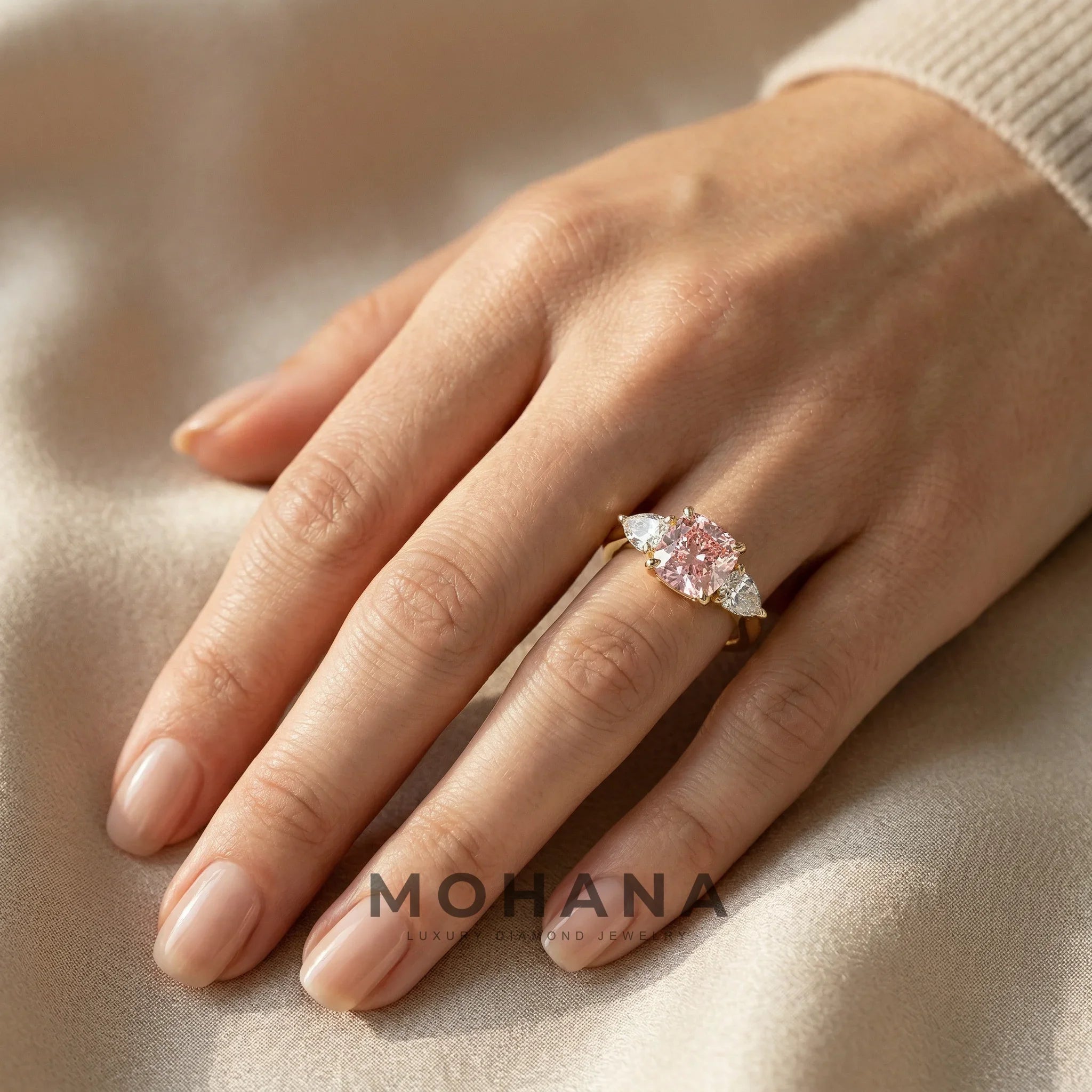 4 Carat Fancy Pink Cushion & Pear Cut Three Stone Lab Grown Diamond Engagement Ring