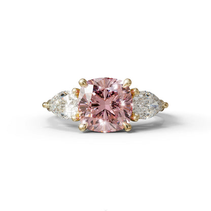 3 Ct Pink Cushion Cut Lab Diamond In 3 Stones Claw Prongs Setting Ring - 10K Solid Gold / Yellow Gold