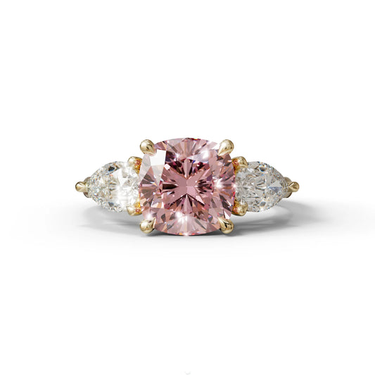 3 Ct Pink Cushion Cut Lab Diamond In 3 Stones Claw Prongs Setting Ring - 10K Solid Gold / Yellow Gold
