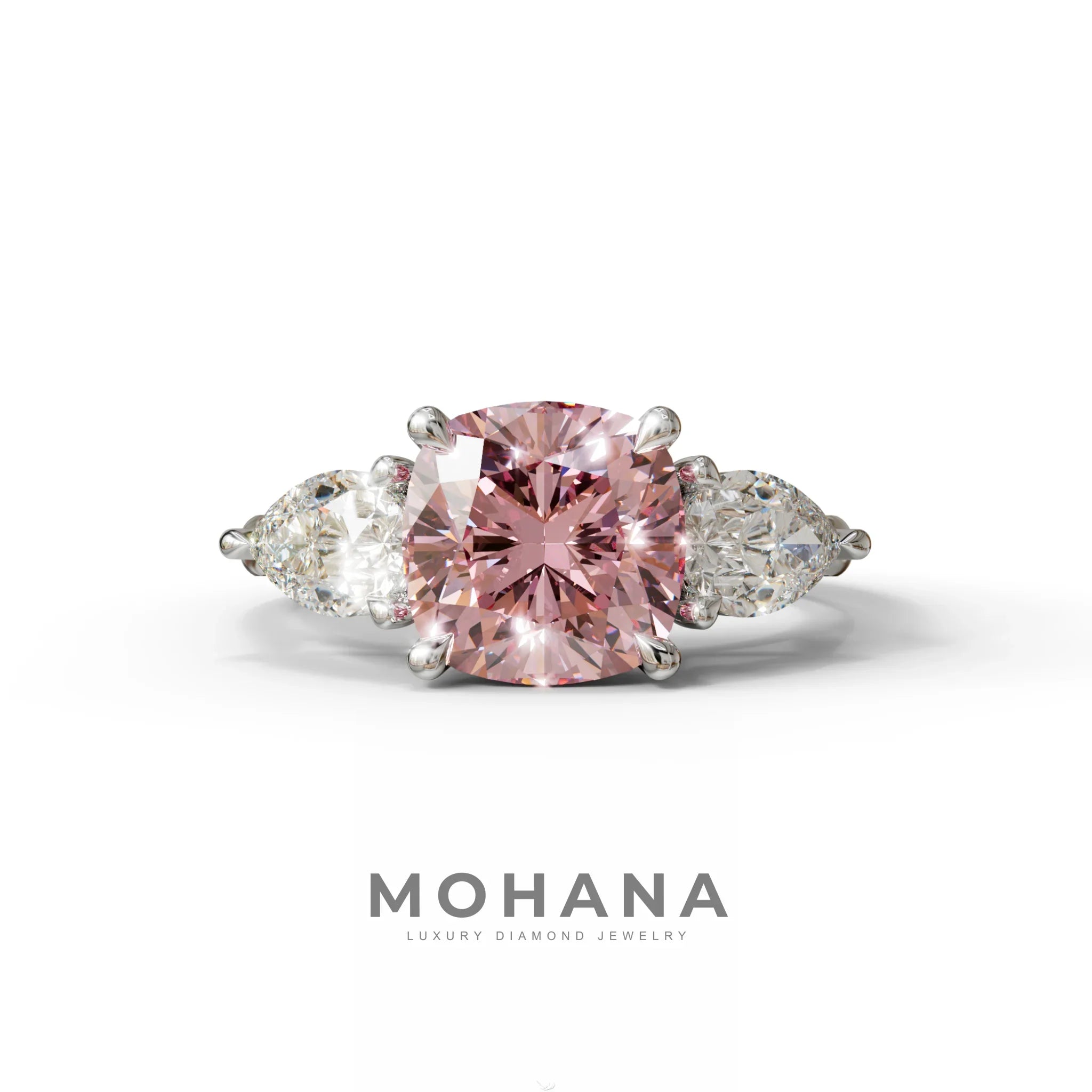 3 Ct Pink Cushion Cut Lab Diamond In 3 Stones Claw Prongs Setting Ring - 10K Solid Gold / White Gold