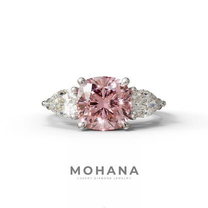 3 Ct Pink Cushion Cut Lab Diamond In 3 Stones Claw Prongs Setting Ring - 10K Solid Gold / White Gold