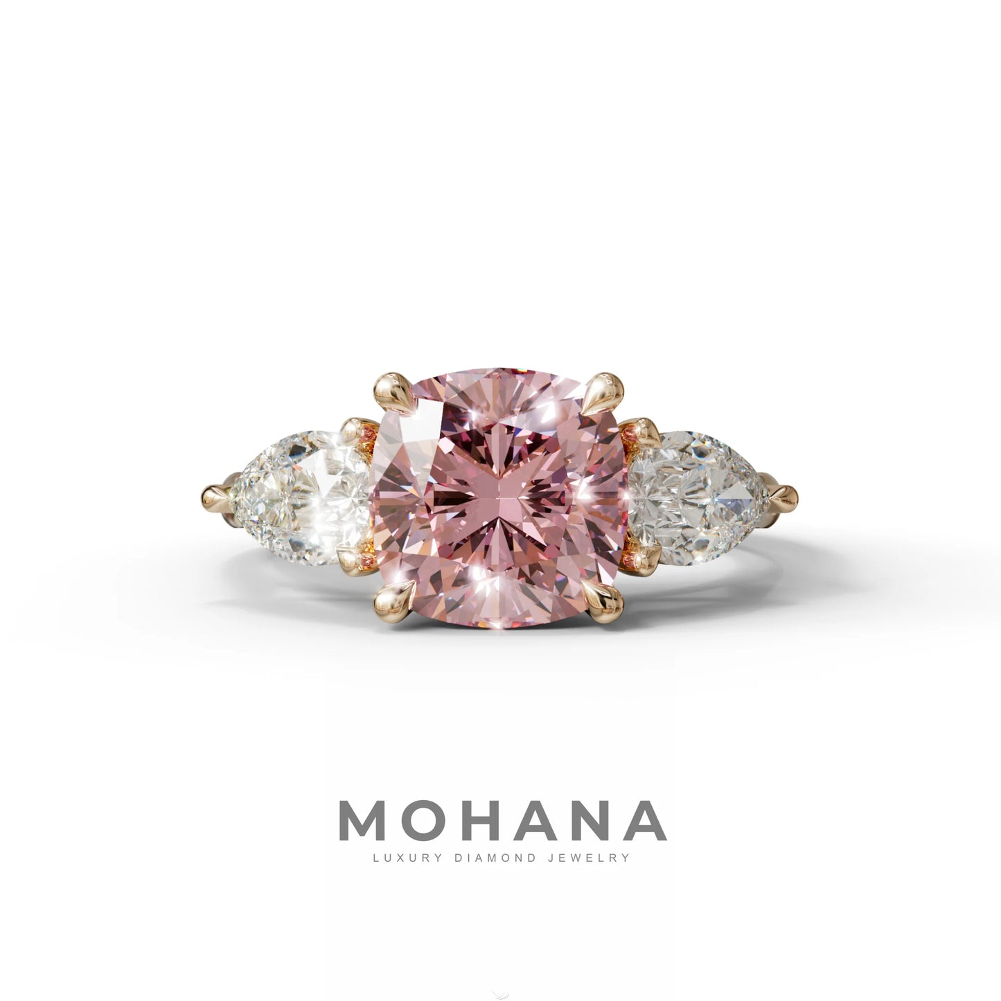 3 Ct Pink Cushion Cut Lab Diamond In 3 Stones Claw Prongs Setting Ring - 10K Solid Gold / Rose Gold