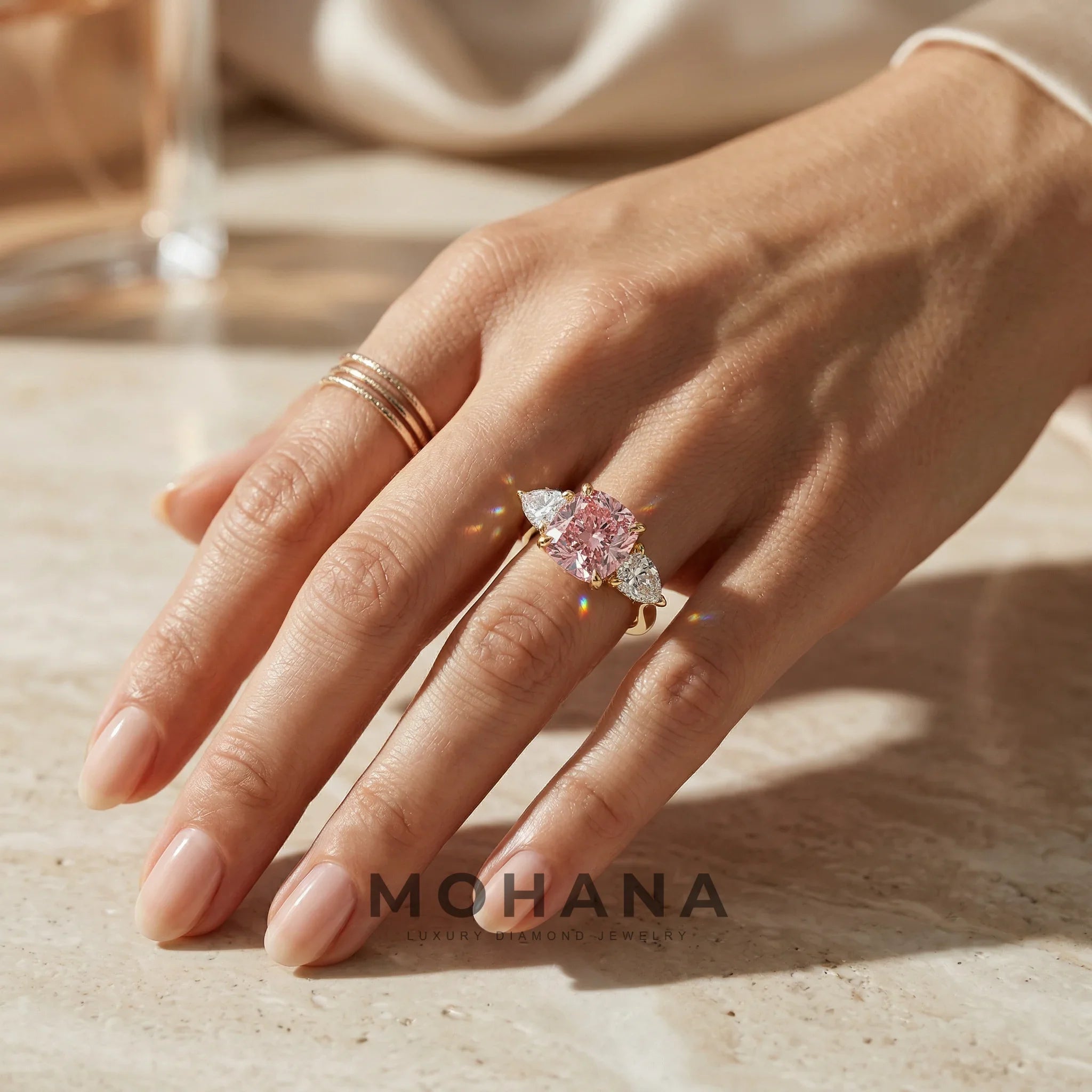 4 Carat Fancy Pink Cushion & Pear Cut Three Stone Lab Grown Diamond Engagement Ring