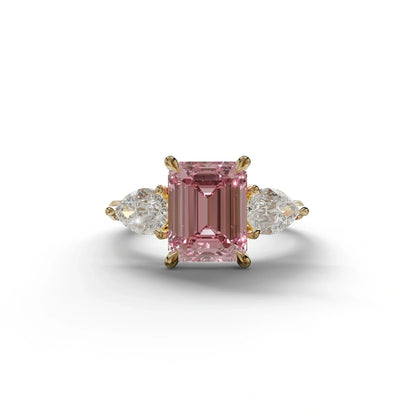 4 Carat Fancy Pink Emerald & Pear Cut Three Stone Lab Grown Diamond Engagement Ring - 10K Solid Gold / Yellow Gold