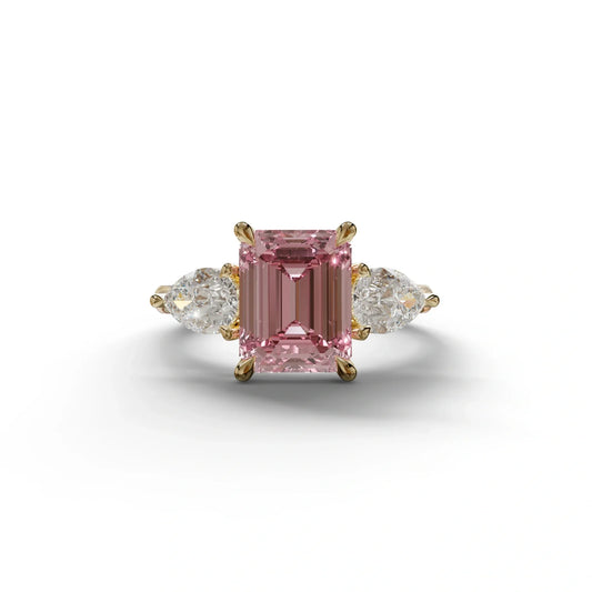 4 Carat Fancy Pink Emerald & Pear Cut Three Stone Lab Grown Diamond Engagement Ring - 10K Solid Gold / Yellow Gold