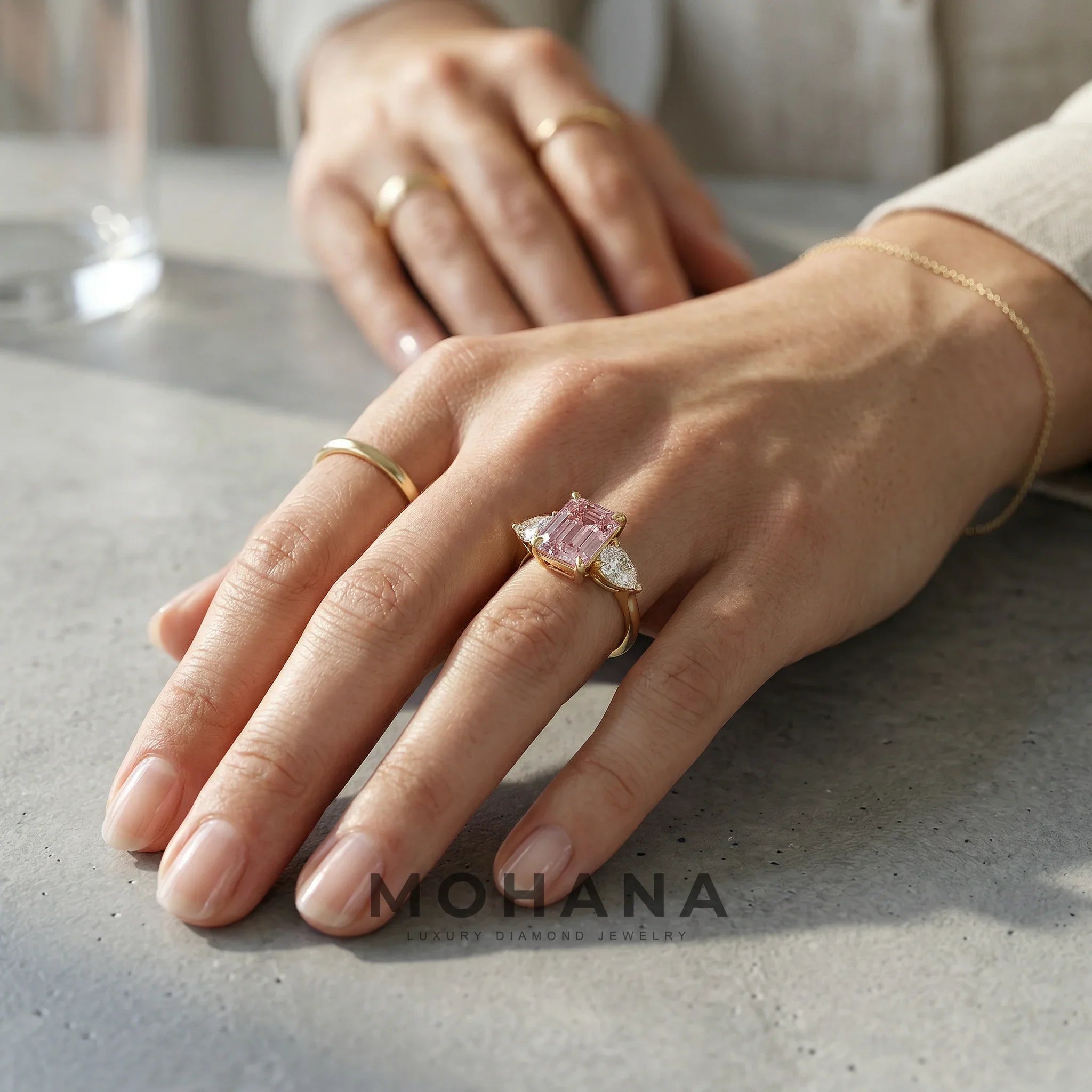 4 Carat Fancy Pink Emerald & Pear Cut Three Stone Lab Grown Diamond Engagement Ring