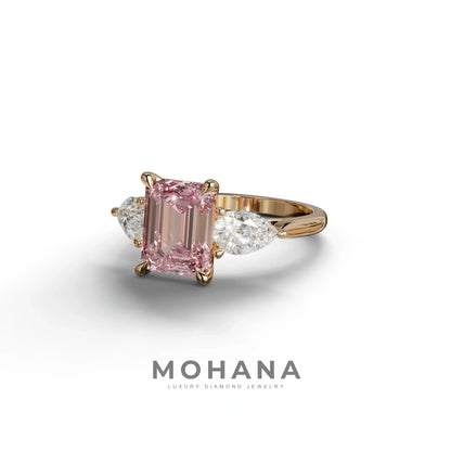 4 Carat Fancy Pink Emerald & Pear Cut Three Stone Lab Grown Diamond Engagement Ring